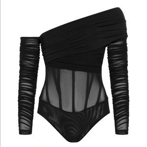 BARDOT BUSTIER CORSET MESH BODYSUIT - BLACK